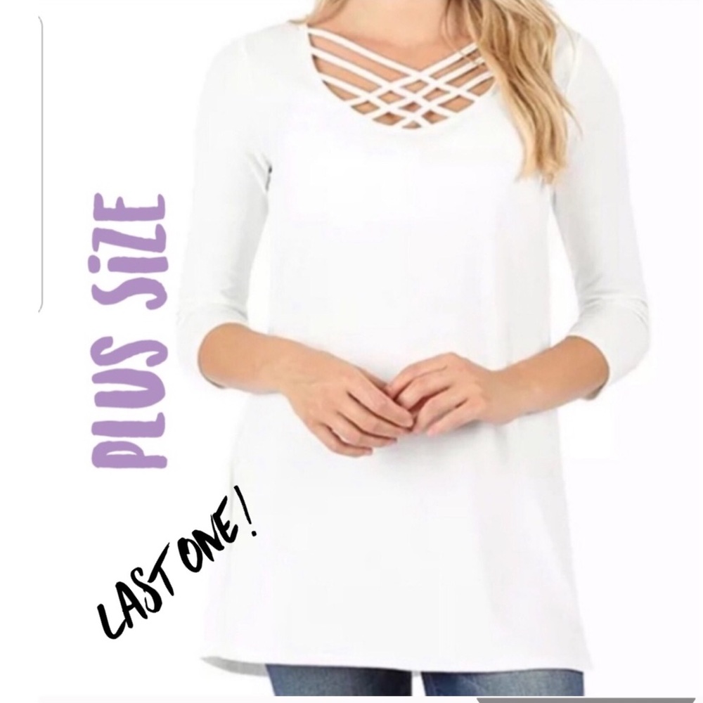 PLUS White Vneck Criss Cross Strappy Tunic Top - Picture 1 of 1